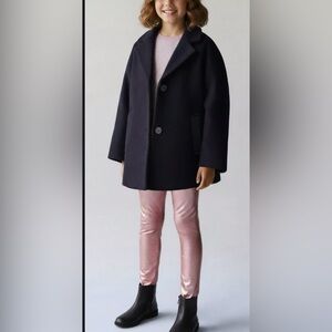 ZARA Little girls black lapel collar mid length Coat pea jacket 2 button SZ 6 -7